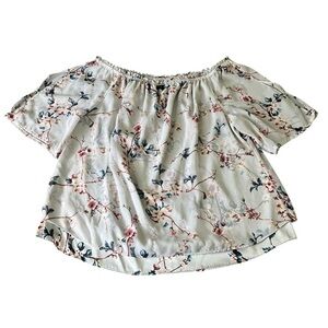 White House Black Market Gray Beige Floral Print Off Shoulder Top Blouse Sz XL